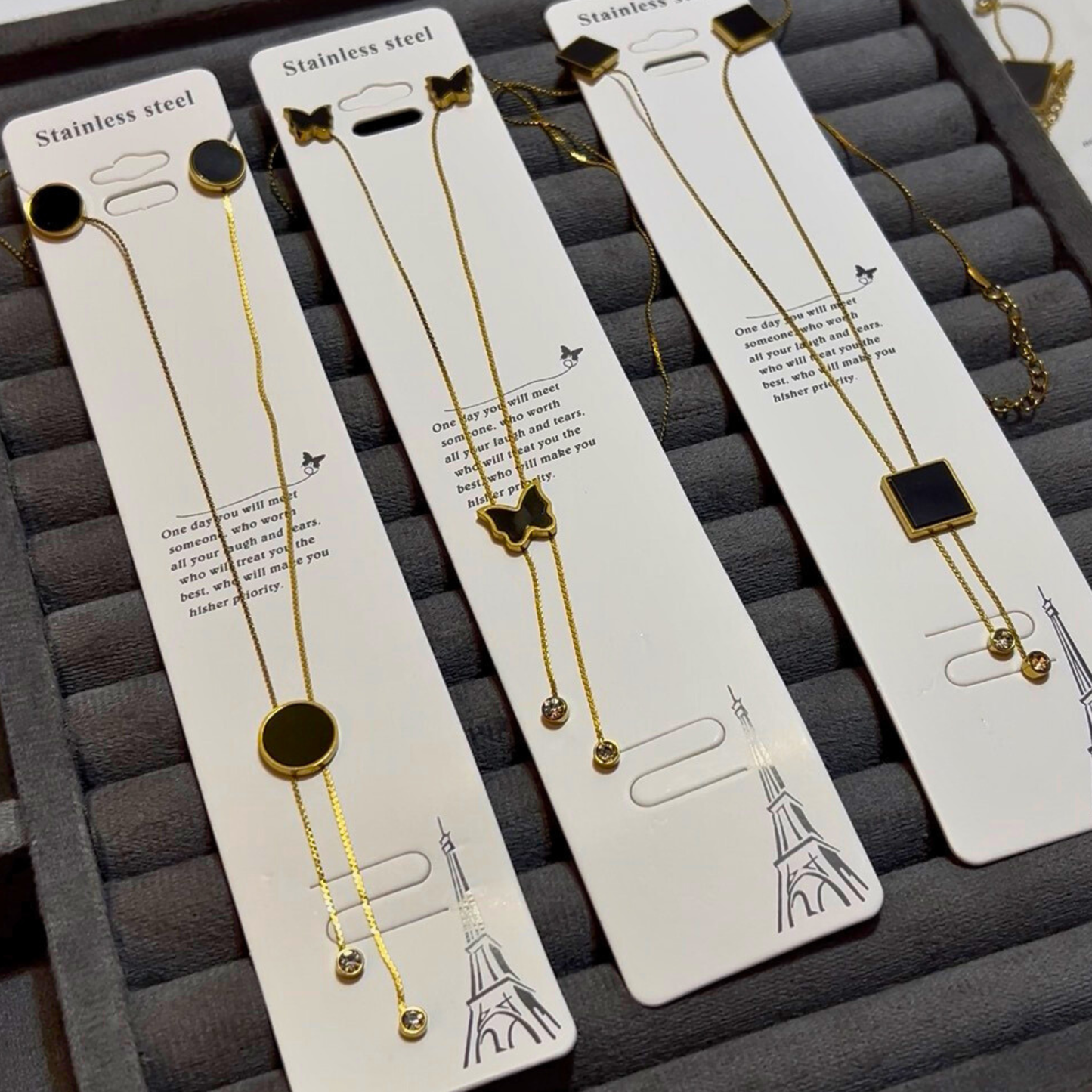 Chic Parisian Style Black Square Y-Necklace Set