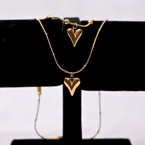Dainty Puffy Heart Pendant Necklace - Gold Beaded Satellite Chain