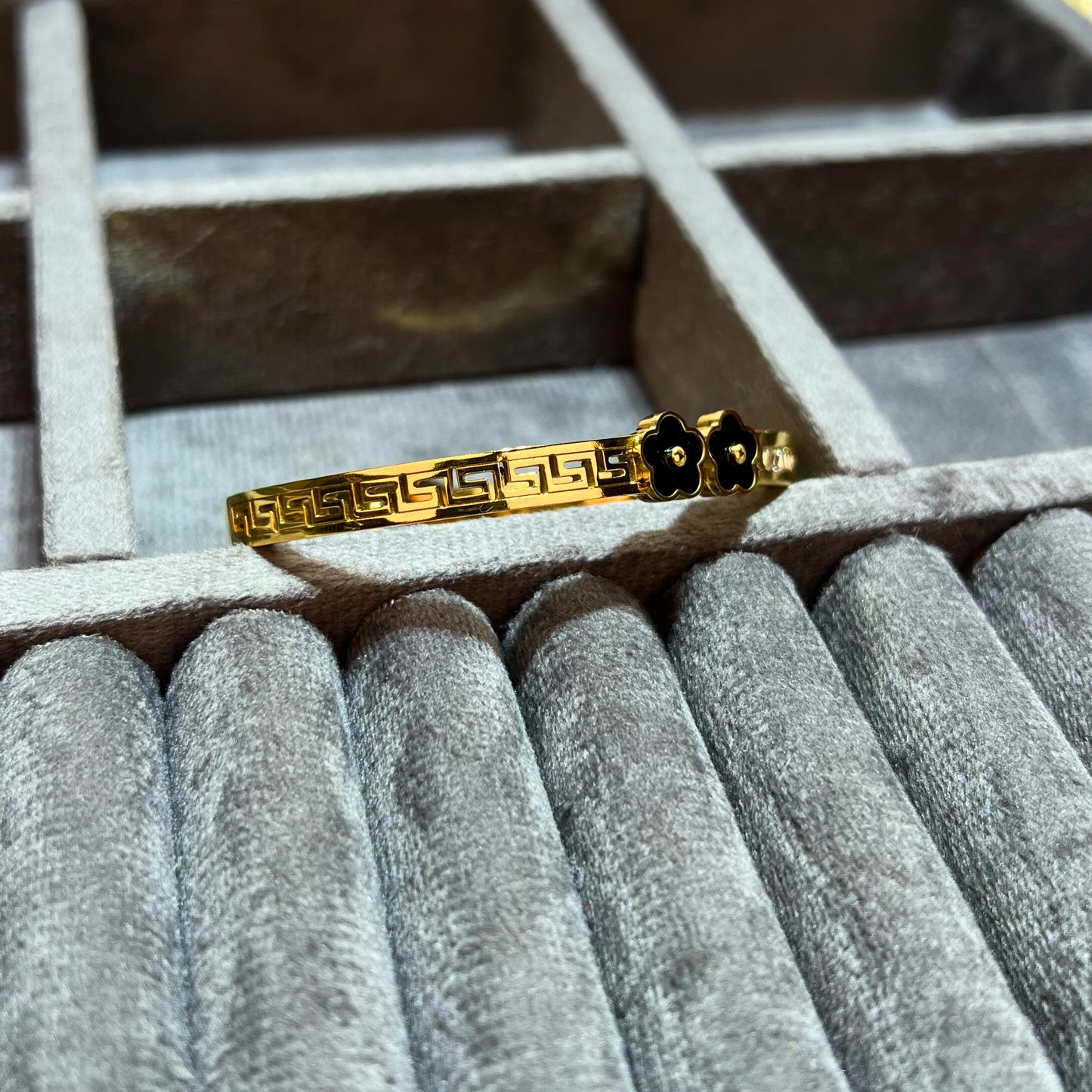 Elegant Black Blossom Gold Plated Cuff