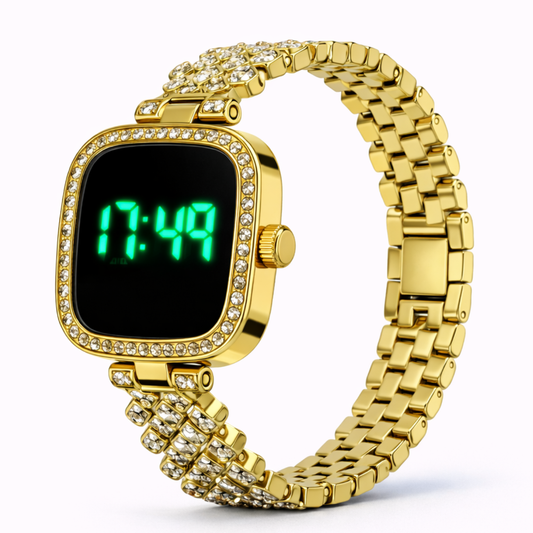 Premium Gold Digital Women Watch with Crystal Bracelet