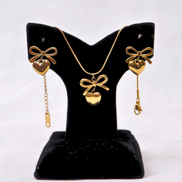 Sweet Bow and Heart Dangle Jewelry Set - Gold Charm Bracelet & Earrings