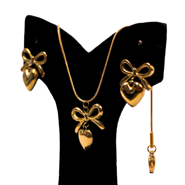 Sweet Bow and Heart Dangle Jewelry Set - Gold Charm Bracelet & Earrings