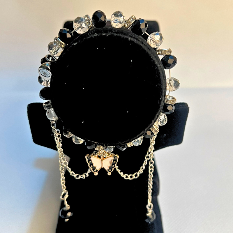 Black & White Crystal Bracelet with Butterfly Charm