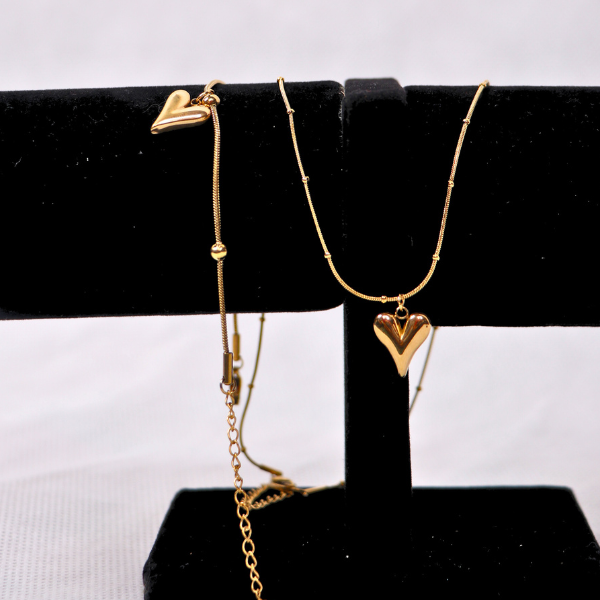 Dainty Puffy Heart Pendant Necklace - Gold Beaded Satellite Chain