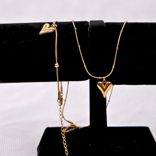 Dainty Puffy Heart Pendant Necklace - Gold Beaded Satellite Chain