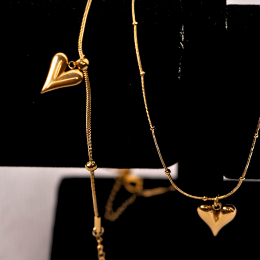 Dainty Puffy Heart Pendant Necklace - Gold Beaded Satellite Chain