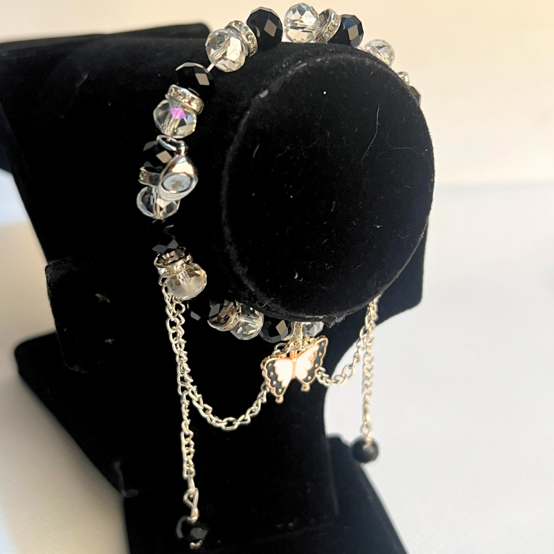 Black & White Crystal Bracelet with Butterfly Charm