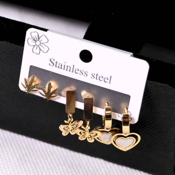 3-Pair Stainless Steel Earring Set - Gold Heart, Butterfly & Leaf Studs/Hoops