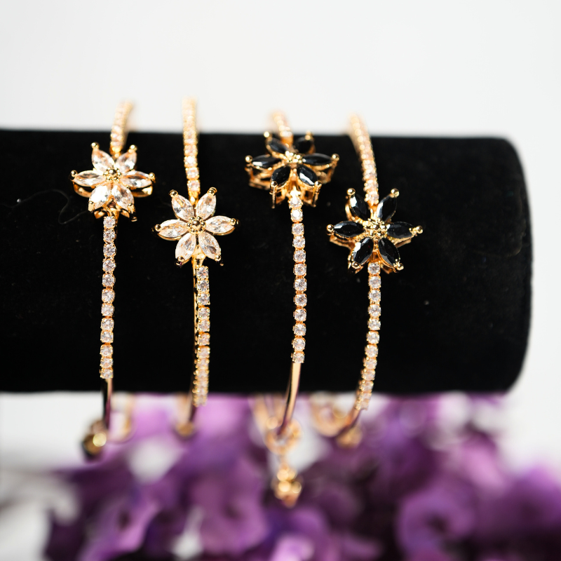 Floral Stone-Studded Bangles – Elegant Gold Plated Pair