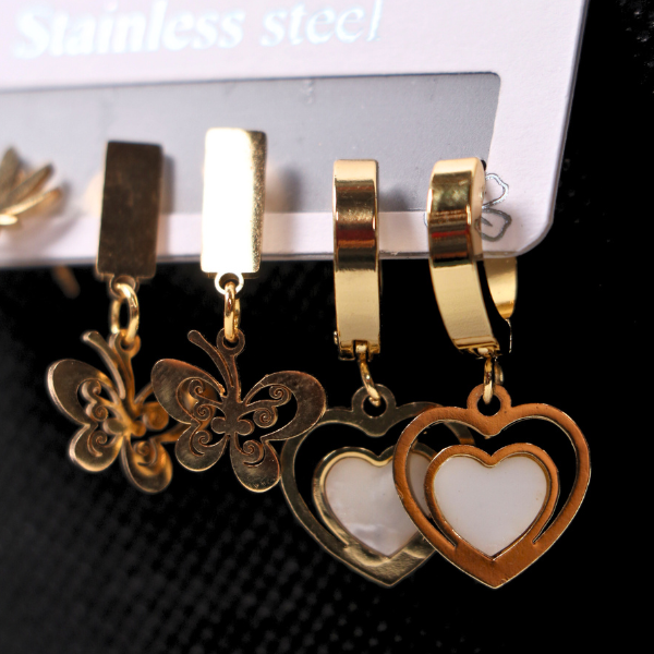 3-Pair Stainless Steel Earring Set - Gold Heart, Butterfly & Leaf Studs/Hoops