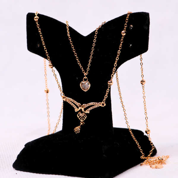 Rose Gold Layered Necklace Set - Butterfly CZ Pendant & Dainty Beaded Chain