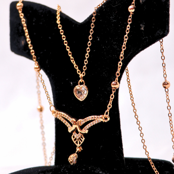 Rose Gold Layered Necklace Set - Butterfly CZ Pendant & Dainty Beaded Chain