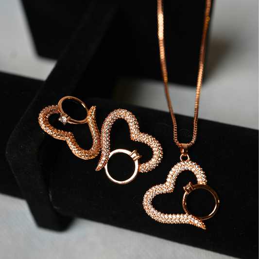 Sparkling Heart Love Set - Rose Gold Earrings, Necklace