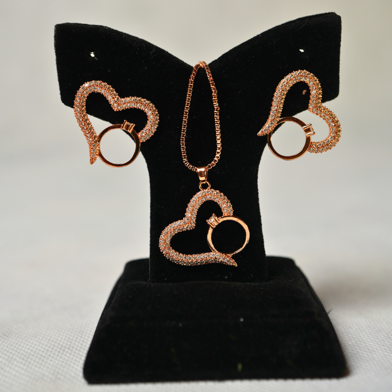 Sparkling Heart Love Set - Rose Gold Earrings, Necklace