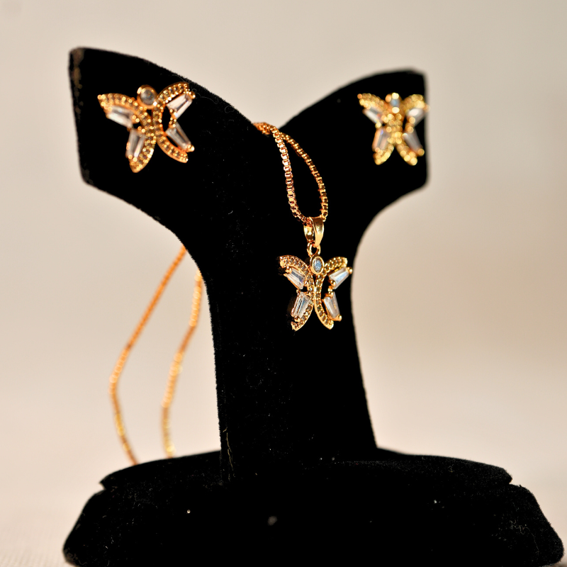 Sparkling Butterfly Set - Golden Necklace & Earrings