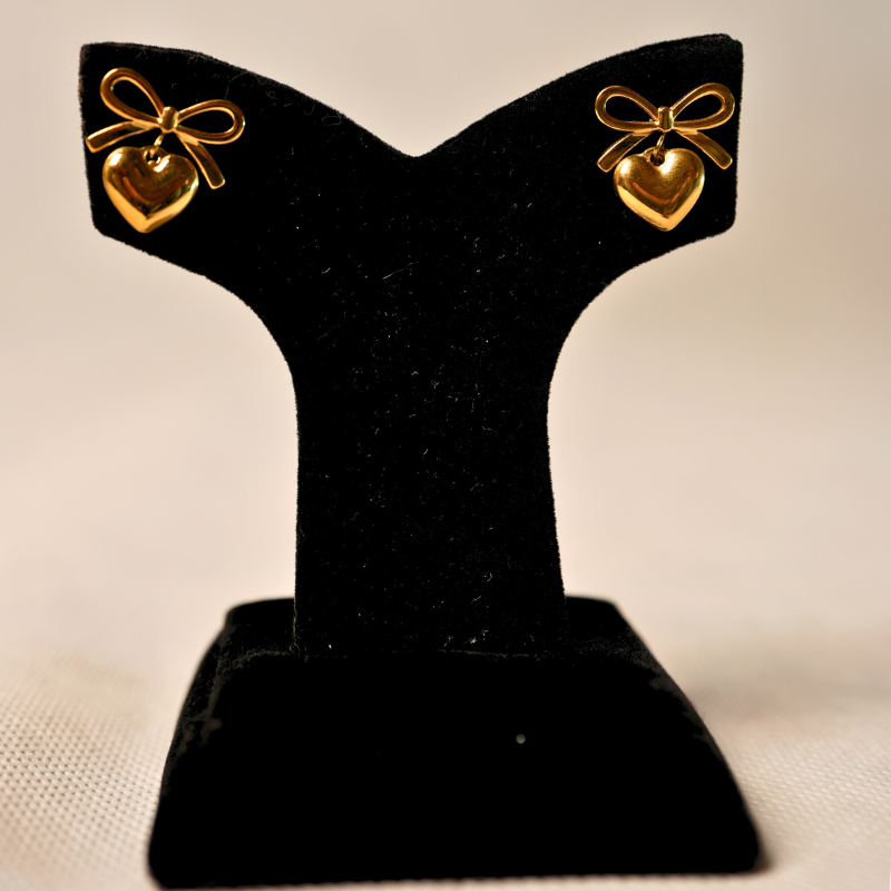Golden Bow & Heart Drop Earrings