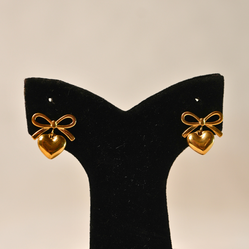 Golden Bow & Heart Drop Earrings