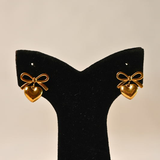 Golden Bow & Heart Drop Earrings