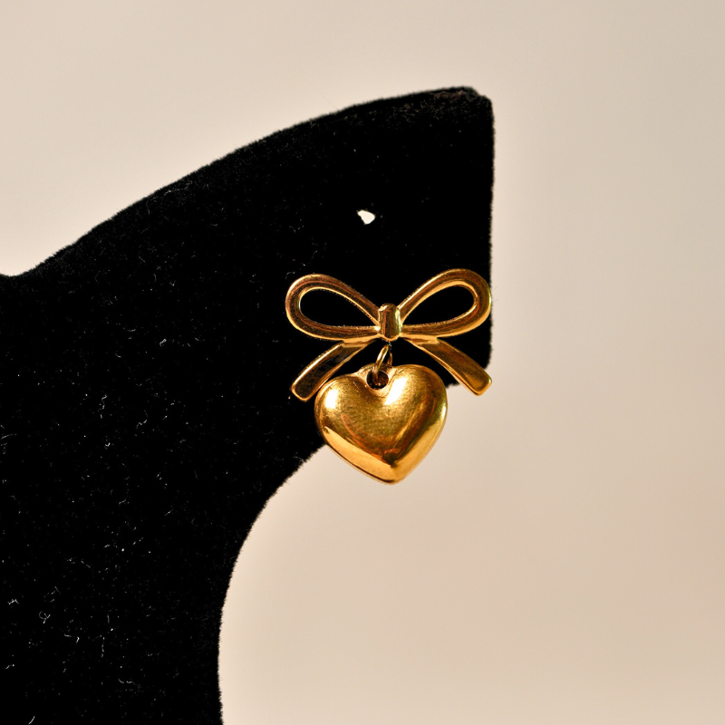 Golden Bow & Heart Drop Earrings