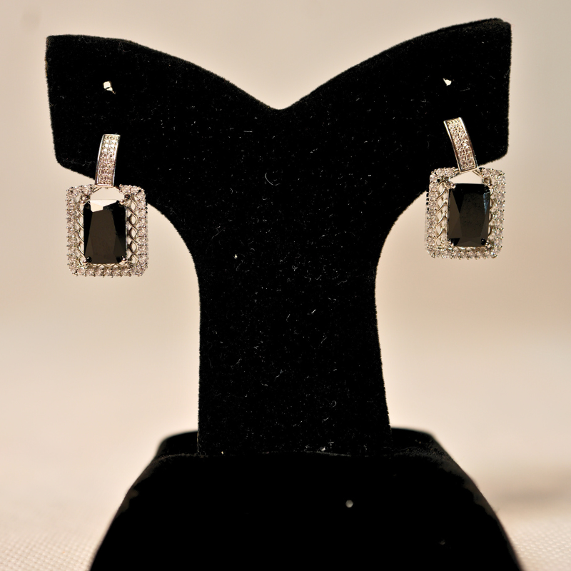 Classic Black Stone & Silver Drop Earrings - Elegant Party Wear